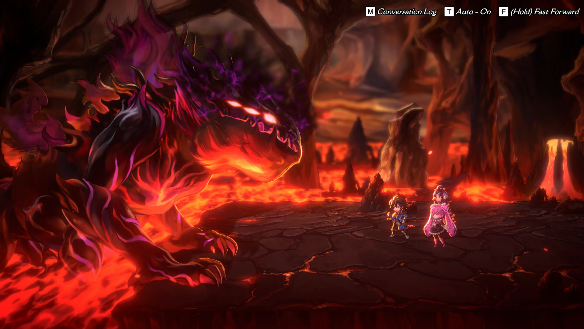 Boss encounter in a volcanic cavern
